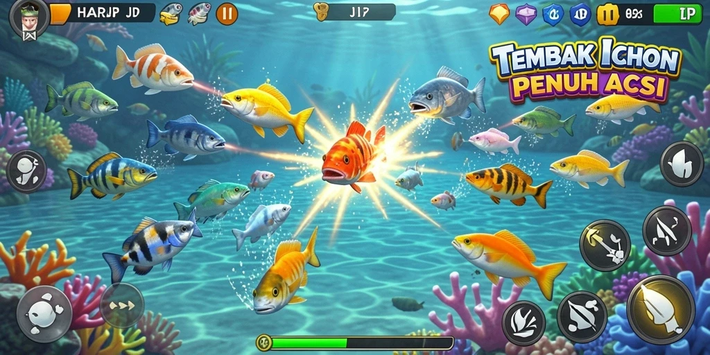Tampilan screenshot utama HARAPJP menampilkan aksi seru menembak ikan.