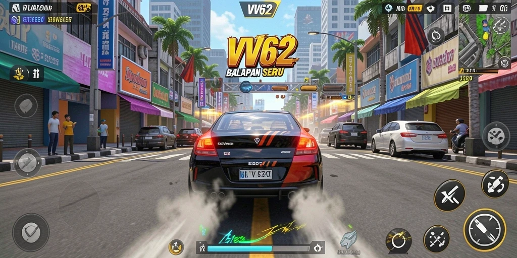 Gameplay VV62 dengan balapan seru dan menantang.